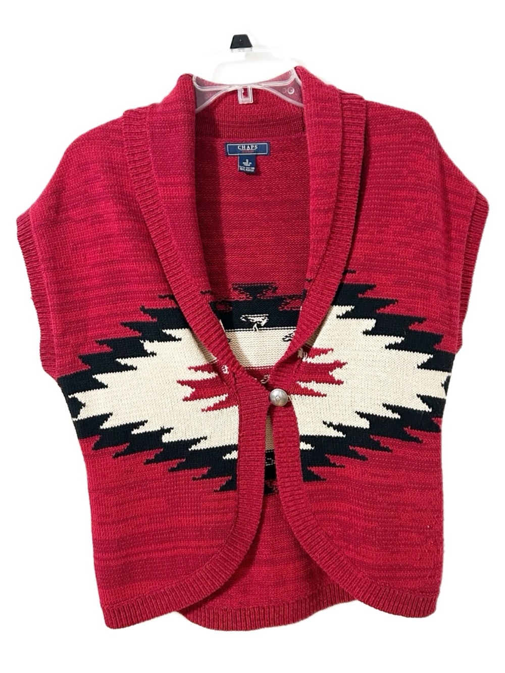 Chaps Denim Southwestern Aztec Knit Vest Red Black Boho Western Cardigan Size S